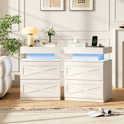 2-Drawer Nightstand with USB Port and Smart  LED Light (Set of 2)