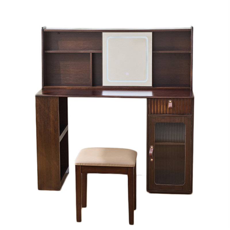Walnut Makeup Vanity Set With 3-Light Mode Adjustable Mirror - Modern Dressing Table With Large Storage Shelf, Spacious Drawer & Cabinet - Elegant Beauty Desk For Bedroom