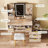 Vanity Desk With LED Mirror & Carved Details, Fluted Makeup Table With Metal Legs And PU Stool, Carved Dressing Table With Jewelry Storage For Bedroom