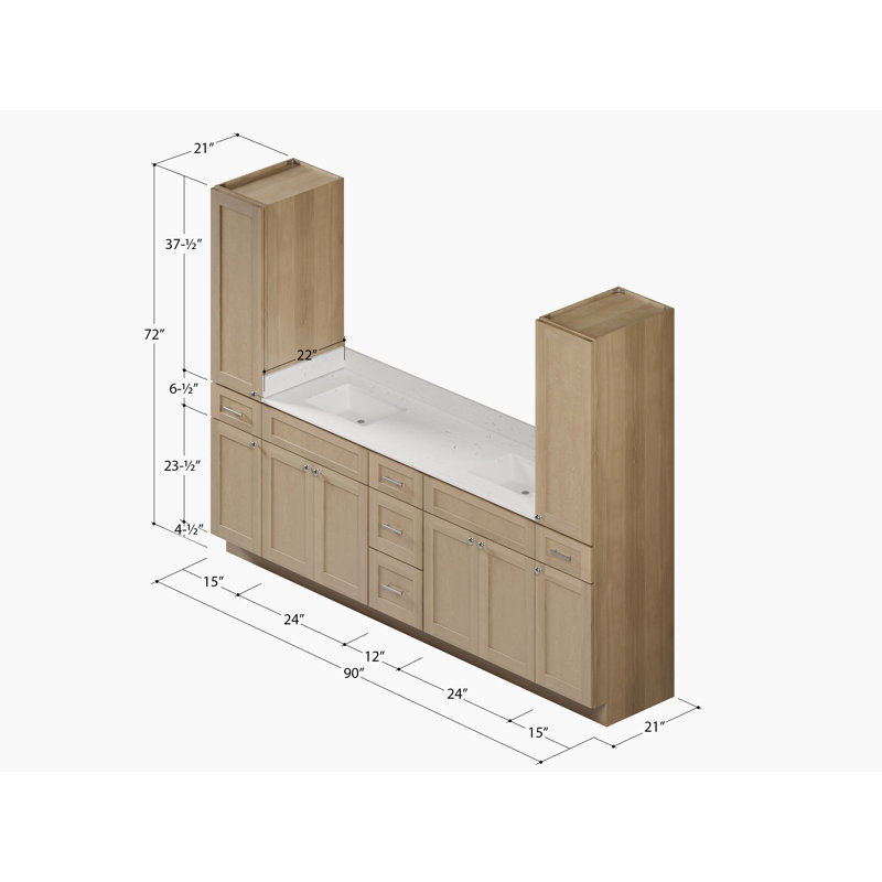 Meuble-lavabo double autoportant de 105 po avec deux armoires à linge hautes, comptoir en quartz de Carrare, 5 tiroirs