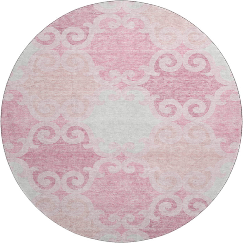 Premium Machine Washable Prisco Pink Rug, Round 8'