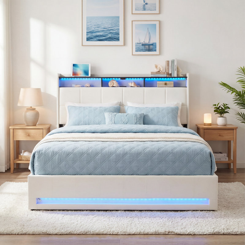Upholstered Lift Up Storage Bed Frame with LED Lights and Charging Station, Platform Bed, No Box Spring Needed, Queen