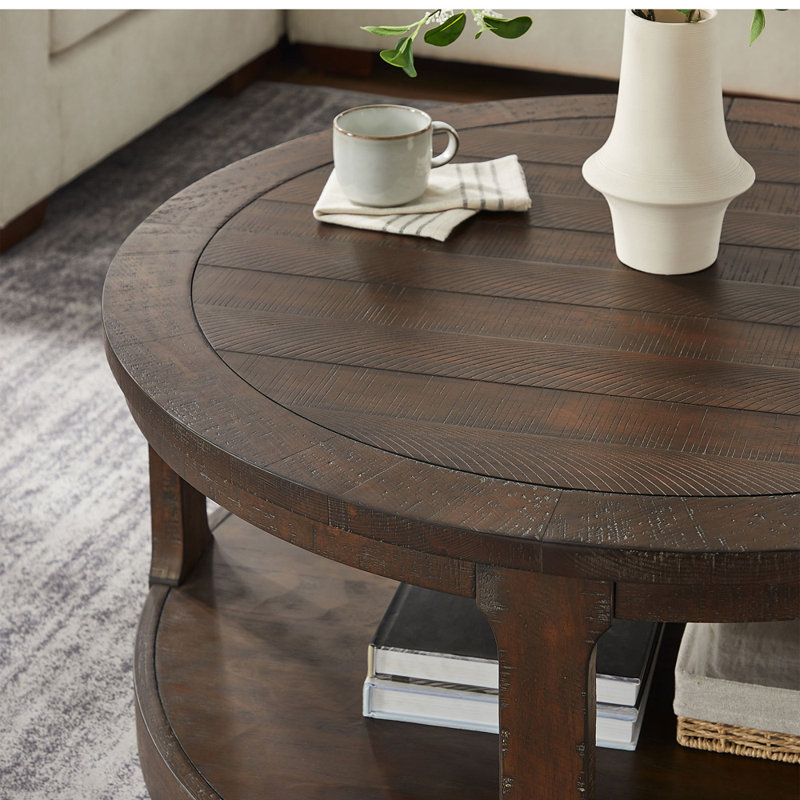 Table basse 40 po, rangement ouvert à 2 niveaux, table basse ronde, Brun foncé