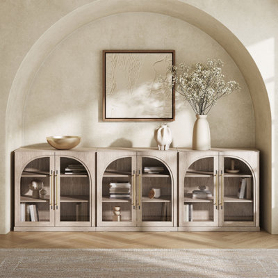 Set of 3 Modular Sideboard with Arched Display Glass Door,Sand