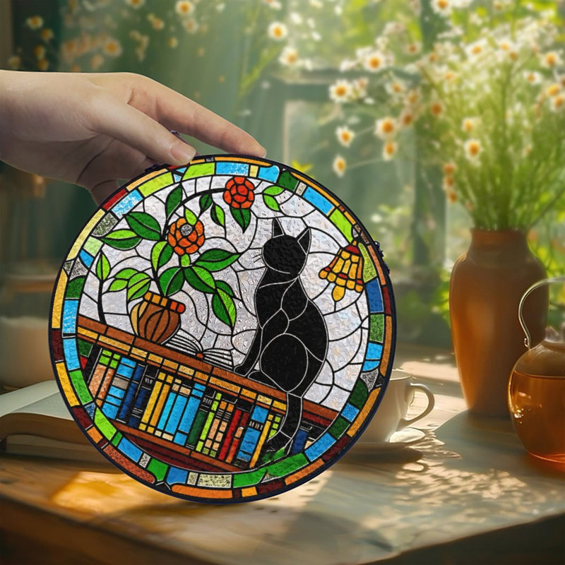 Vitrail chat noir vitrail pour fenêtre, 9,8 x 9,8 po (25 x 25 cm)