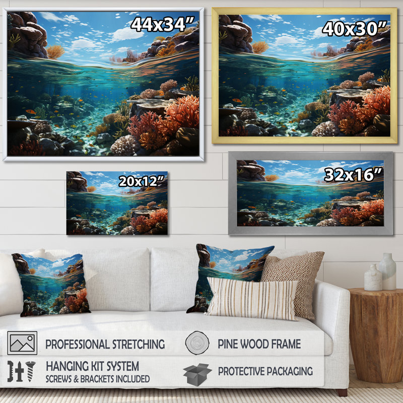 «Australie Great Barrier Reflections», reproduction d'art sur toile, H 34 po x l 44 po x P 1,5 po, Cadre flottant doré