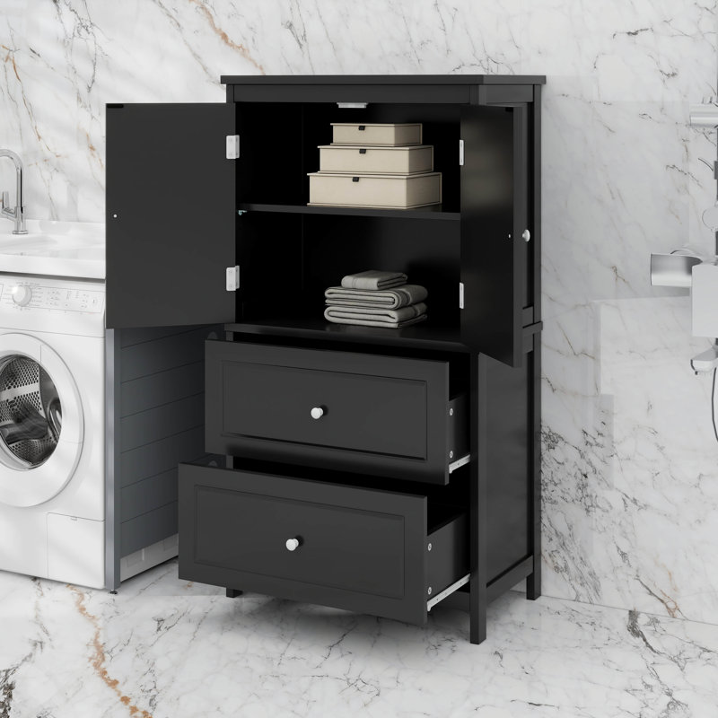 Grande armoire de rangement pour salle de bain, armoire avec deux portes et tiroirs, tablette réglable, Noir