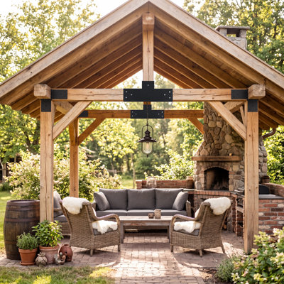 Ensemble de supports de pergola robustes en forme de T en forme de T pour bois 4 x 4 - Connecteurs en acier antirouille avec vis - Idéal pour patio, gazebo, noir, tés droits et accessoires