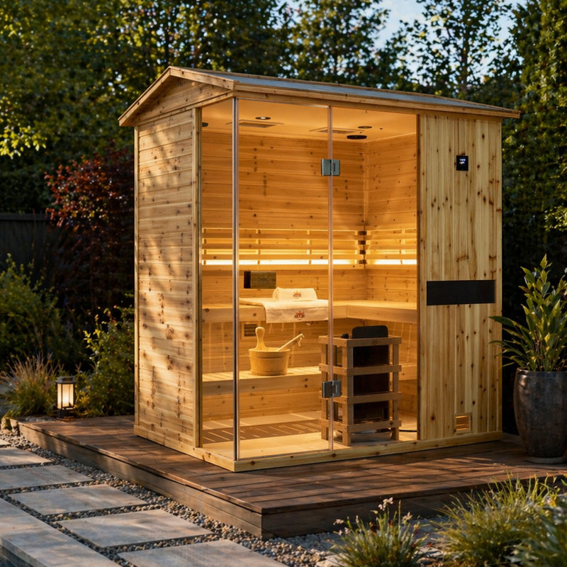 Samsora Outdoor Traditional Steam Sauna For 4-Person 3800W, Negative Ion Board, Mid-Infrared Lamp, 95℉-230℉, Old Fir Wood, Bluetooth Speaker, with Sauna Heater and Sauna Stone