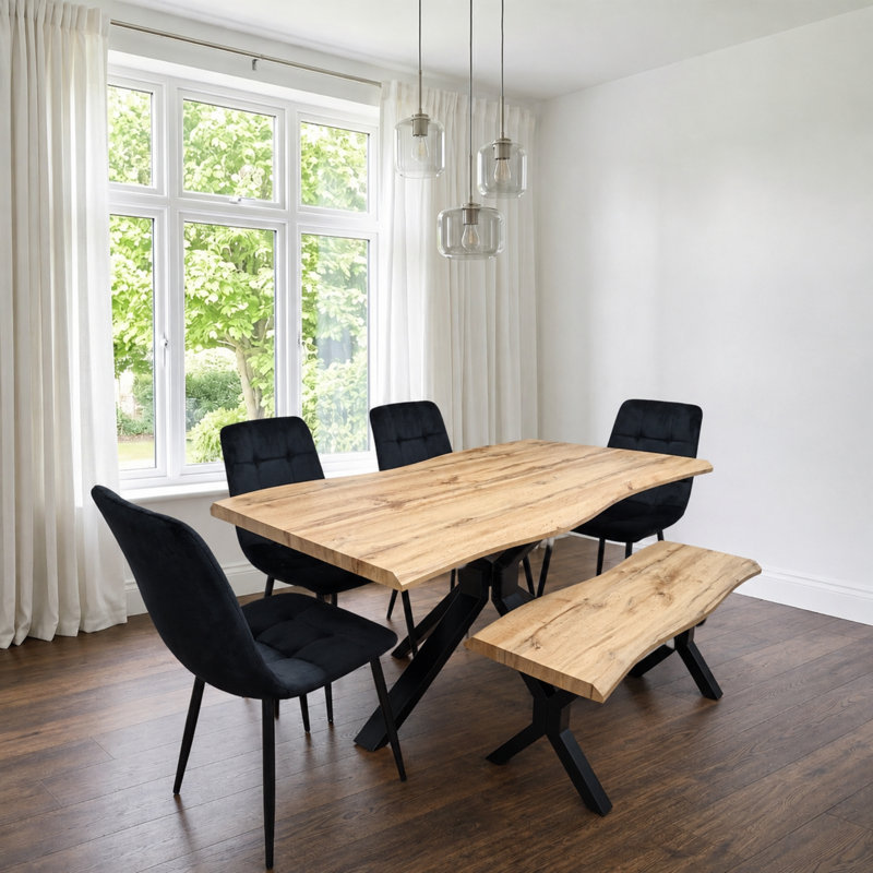 Wooden Brown Dining Table with Bench and 4 Velvet Chairs  Dining Room Furniture, Black
