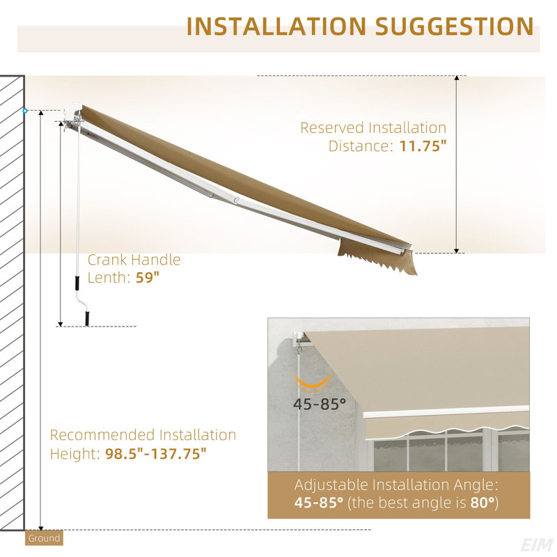 Retractable Awning, Patio Awnings, Sunshade Shelter W/ Manual Crank Handle, UV & Water-Resistant Fabric And Aluminum Frame For Deck, Balcony, Yard