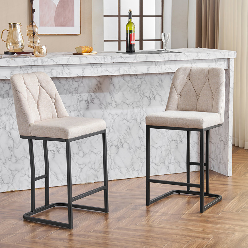 Set Of 2,Modern Upholstered Bar Stool With Button-Tufted Backrest, Counter Height Chair With Sturdy Metal Frame, Comfortable Padded Seat For Kitchen, Bar, Or Dining Room