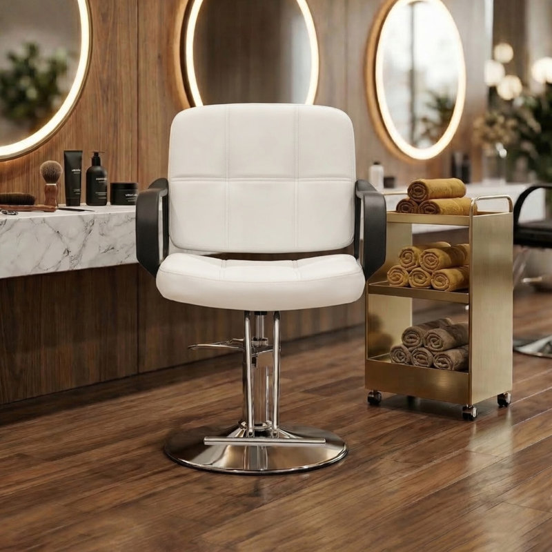 Fauteuil de coiffeur professionnel avec pivotement à 360 ° et hauteur réglable, Off White, Silver