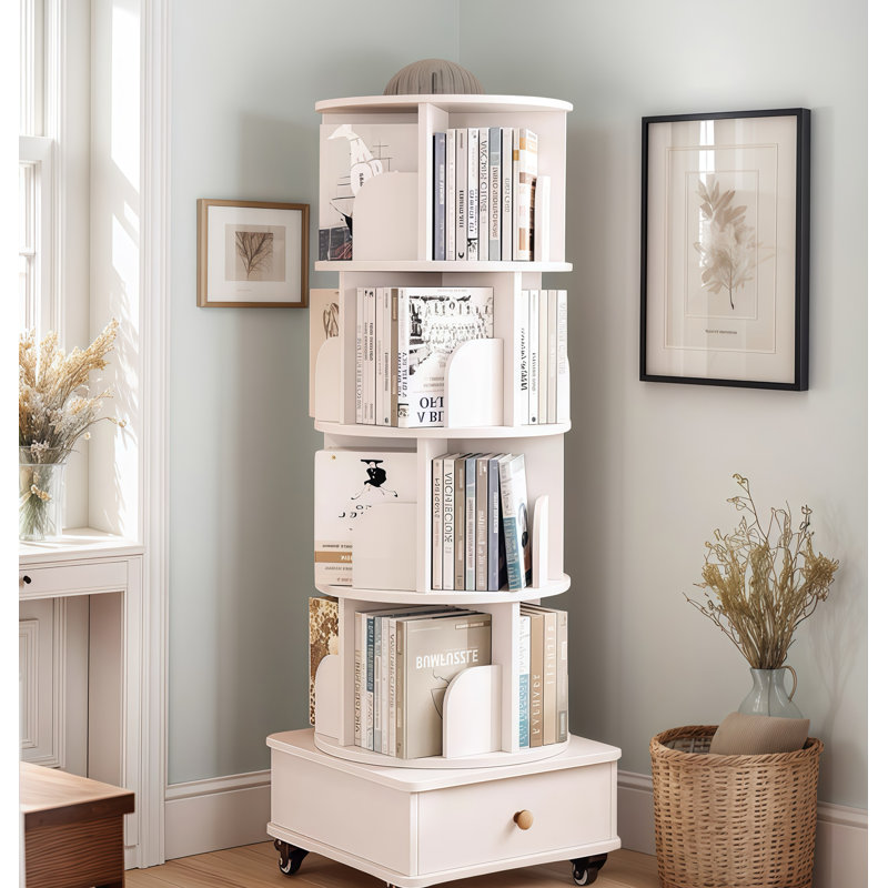 Bibliothèque rotative avec tiroir, bibliothèque d'angle à 5 niveaux à 360 degrés pour les petits espaces, étagère de rangement pour bibliothèque au sol, étagère à livres étroite en bois pour la chambre à coucher (BLANC)