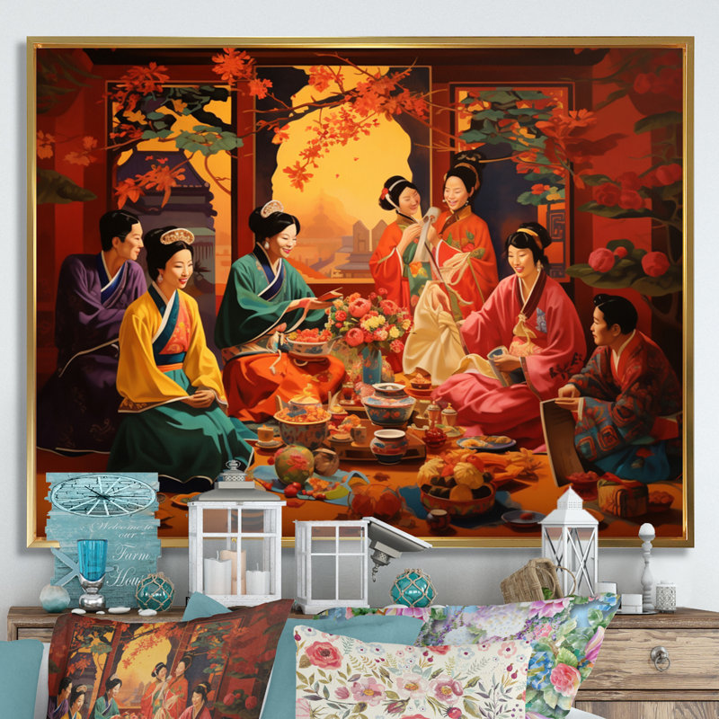 Asian Art Festive Celebration - impression, Cadre flottant doré, H 30 po x l 40 po x P 1,5 po