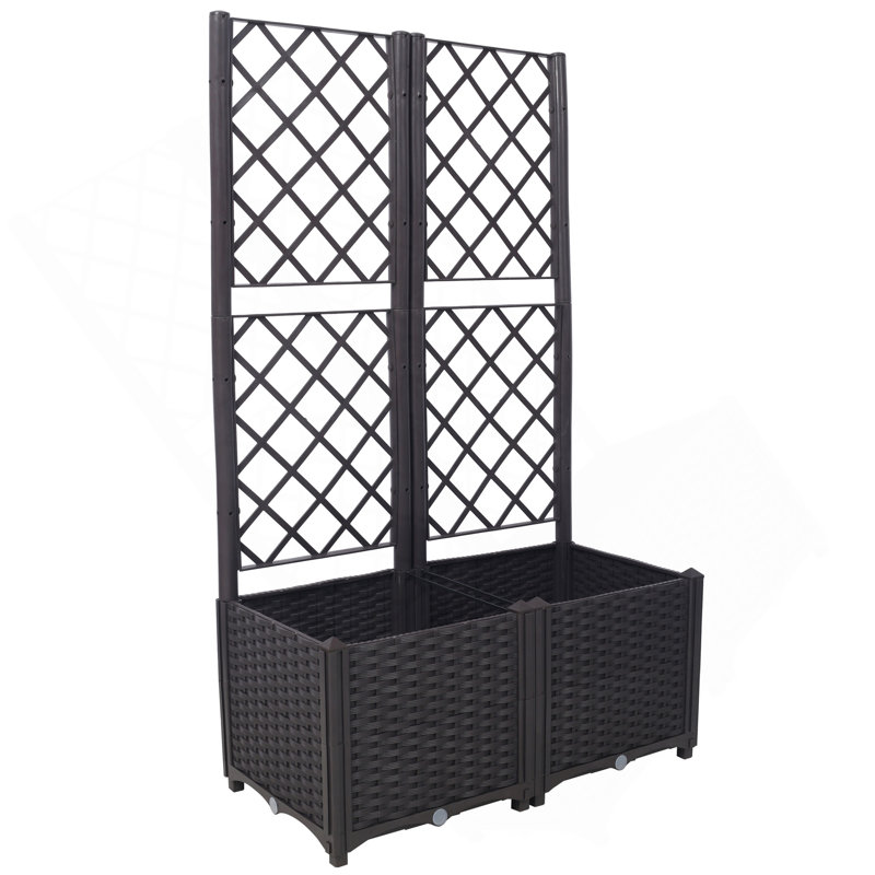 Poly Rattan Brown Trellis Raised Bed  With Drainage Plug - 2 Removable Pots With Large Flower Boxes - Built-In Support For Climbing Plants - Outdoor Patio Garden Decoration