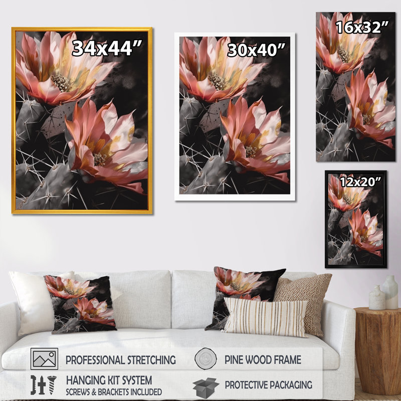 Fleur de cactus orange gris II - impression, Cadre photo noir, H 20 po x l 12 po x P 1 po
