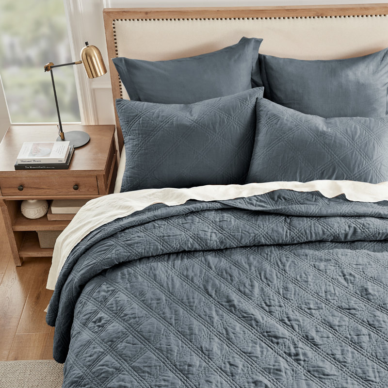 Washed Linen Denim Blue Std Quilted Sham