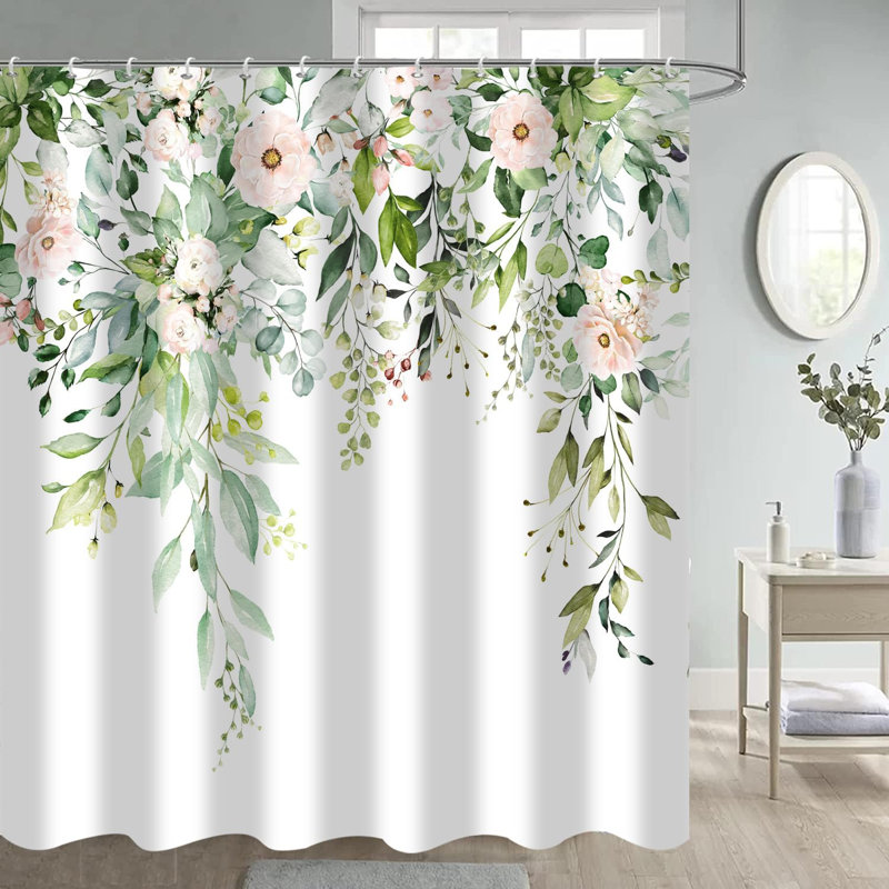 1PC Sage Green-Floral Leaf Plant Waterproof Bathtub Curtains with Hooks, 182.88cm H x 182.88cm W