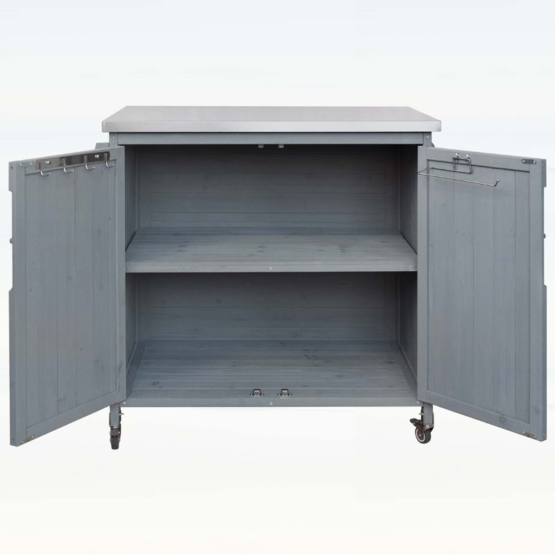 Outdoor Kitchen Island with Side Shelf,Stainless Steel Top,Adjustable Shelf,and 4 Locking Wheels, Gray