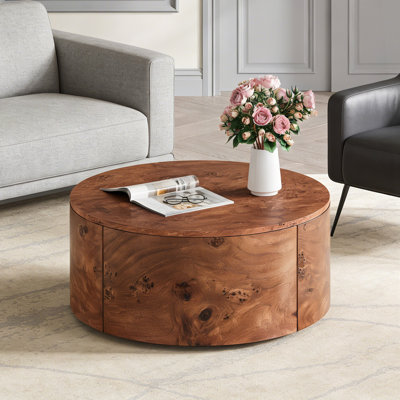 Burl Wood Rotating Coffee Table with 2 Drawers, 360° Swivel Top, and Walnut Finish for Modern Living