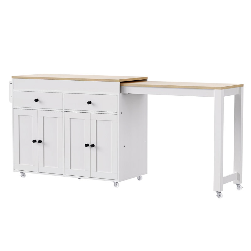 74.5 Inch Kitchen Island With Extendable Dining Table , Rolling Kitchen Island On Wheels With Spice Rack And 2 Drawers, 4 Door Cabinet, For Kitchen, Dining Room