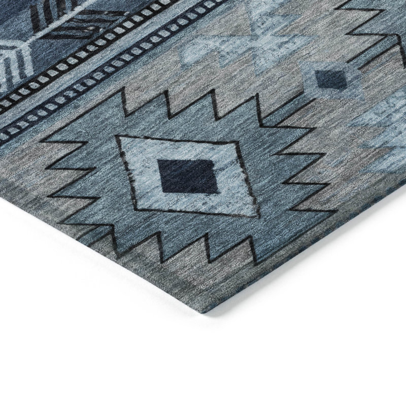 Tapis intérieur / extérieur bleu lavable à la machine Xhevrie, Rectangle 9 pi x 12 pi