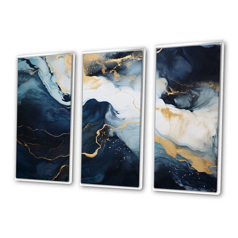 Or et bleu, peinture abstraite sur marbre IV - décoration murale en marbre, H 32 po x l 48 po x P 1 po, Cadre flottant blanc