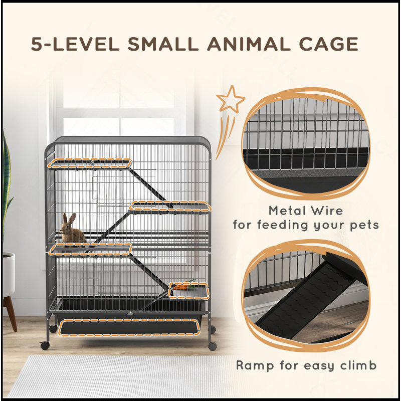 Cage pour petits animaux 53,5 po, cage de furet ou de lapin en métal à 5 niveaux avec roues, cage Chinchilla avec plateau amovible, 2 portes avant, rampes, gris