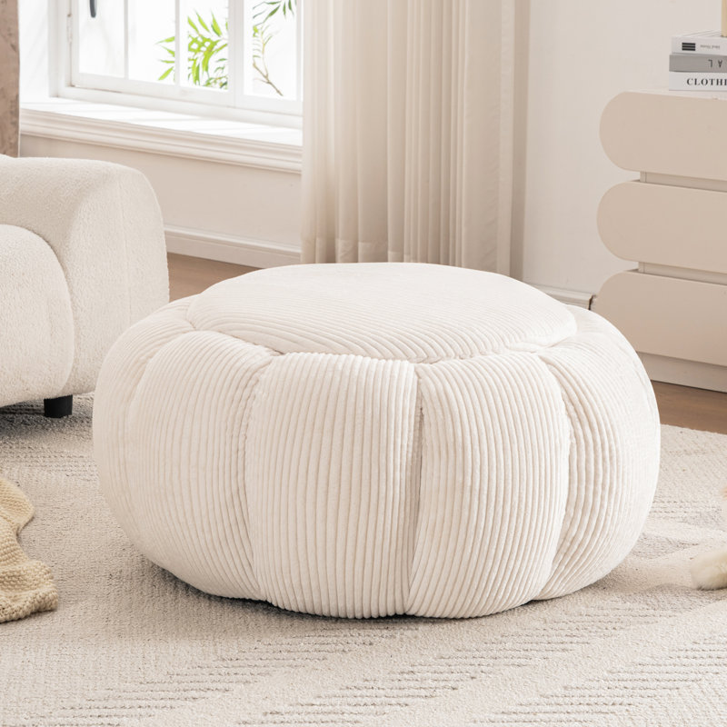 Upholstered Flower Ottoman, Round Compression Corduroy Standard Ottoman Footstool, Corduroy Beige
