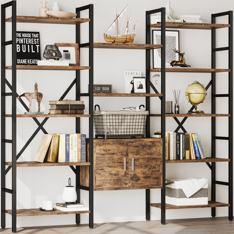 70" Industrial Bookshelf, Large 5-Tier Triple Bookcase with Storage Cabinet, 14-Shelf Display Unit, Metal Frame Etagere Furniture for Living Room, Bedroom, Home Office