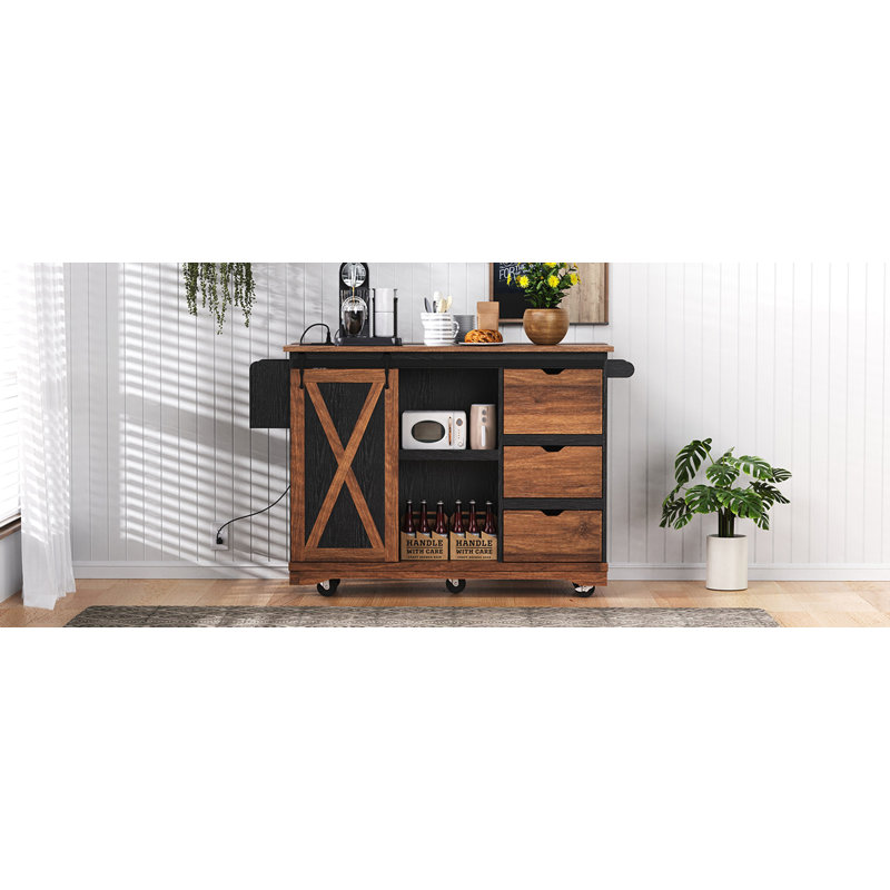 55.5" Farmhouse Kitchen Island with Drop Leaf, Black