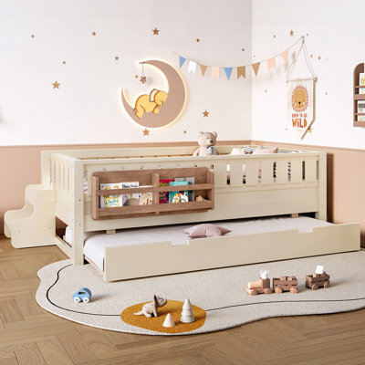 Child-friendly Bed Frame with Built-in Bookshelves, Small Staircase, and Trundle for Safety and Comfort