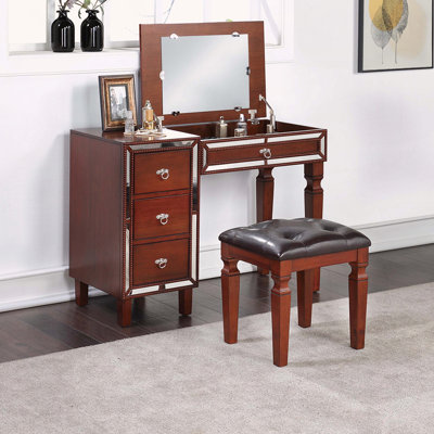 Traditional Vanity Set with Storage Drawers and Tufted Stool