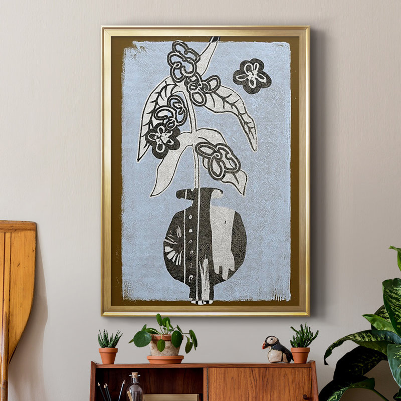 Fleurs graphiques dans un vase IV, reproduction encadrée de qualité supérieure - prête à être accrochée, Or