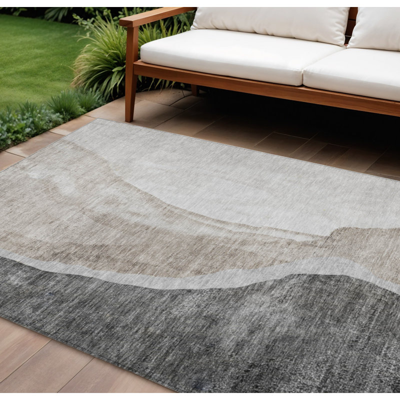 Tapis extérieur lavable abstrait gris anthracite et taupe 10 pi x 14 pi