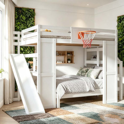 Lit mezzanine double en bois avec bureau intégré, panier de basketball, glissade et escalier