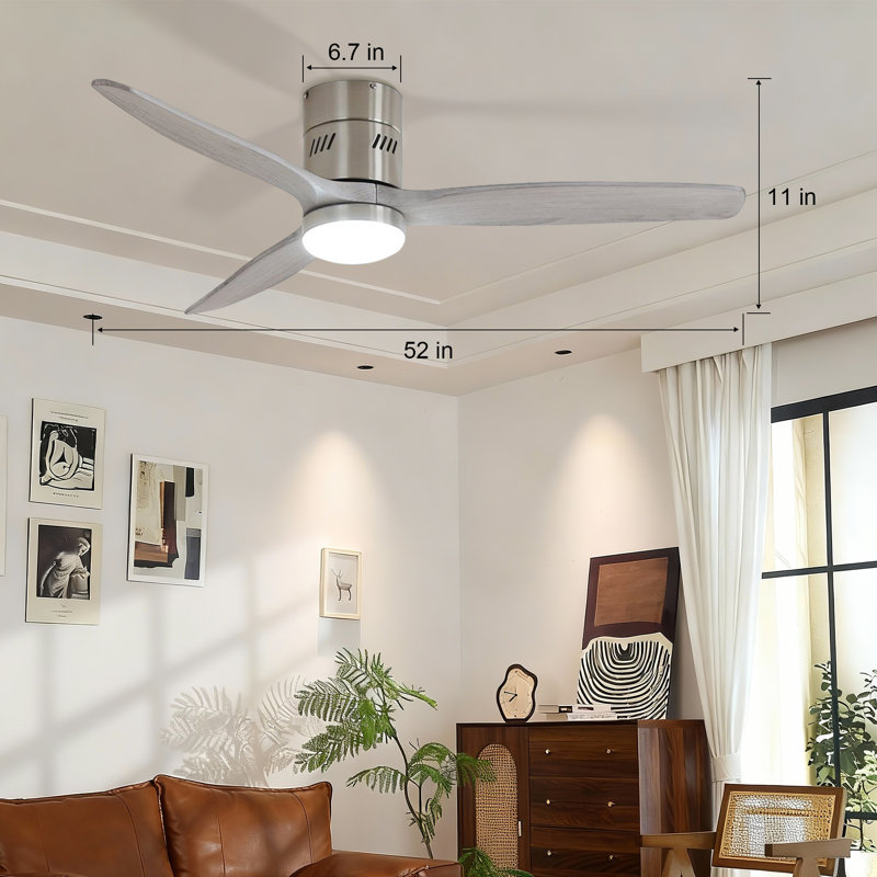 Ryme 52 In. Nickel White Flush Mount Standard Ceiling Fan With Integrated LED With Remote Included DC Motor Reversible
