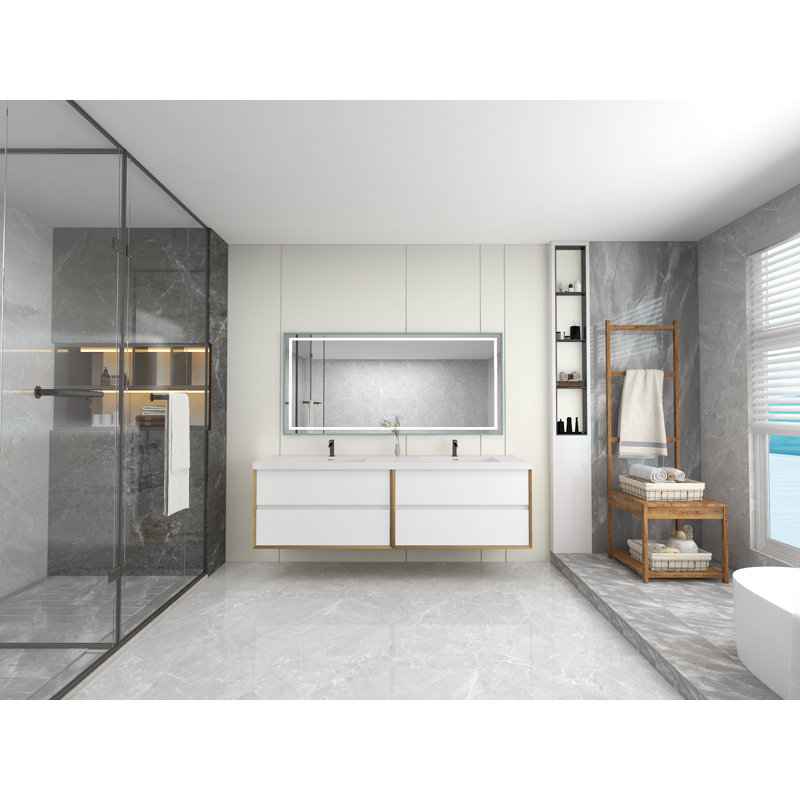 Seavy 83.4'' Double Bathroom Vanity with Plastic Top, Gloss White