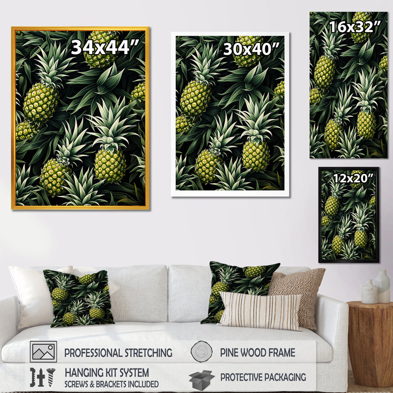 Vert et ananas paradis II - ananas, art mural, Cadre simple argenté, H 20 po x l 12 po x P 1 po