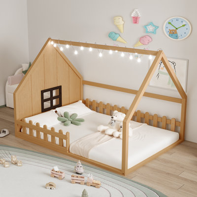 Wood House Bed With Fence And Lights