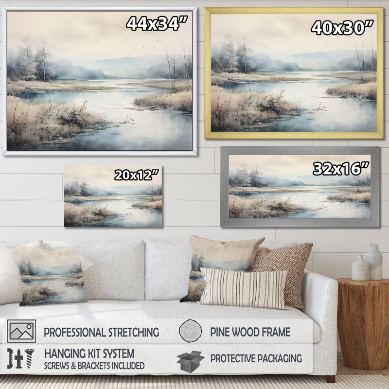 «Morning Autumn Mist Over The Lake I», reproduction sur toile, Cadre flottant noir, 24" H x 32" W
