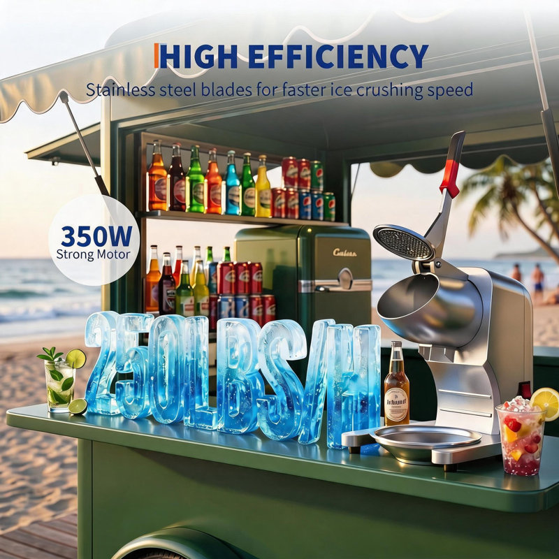 Concasseur de glace commercial avec bol en acier inoxydable, 250 lb / H, 350 W, machine à glace pilée argentée avec 4 pales, machine à cône de neige 2000 tr / min pour un usage domestique, bars, cafés, fêtes