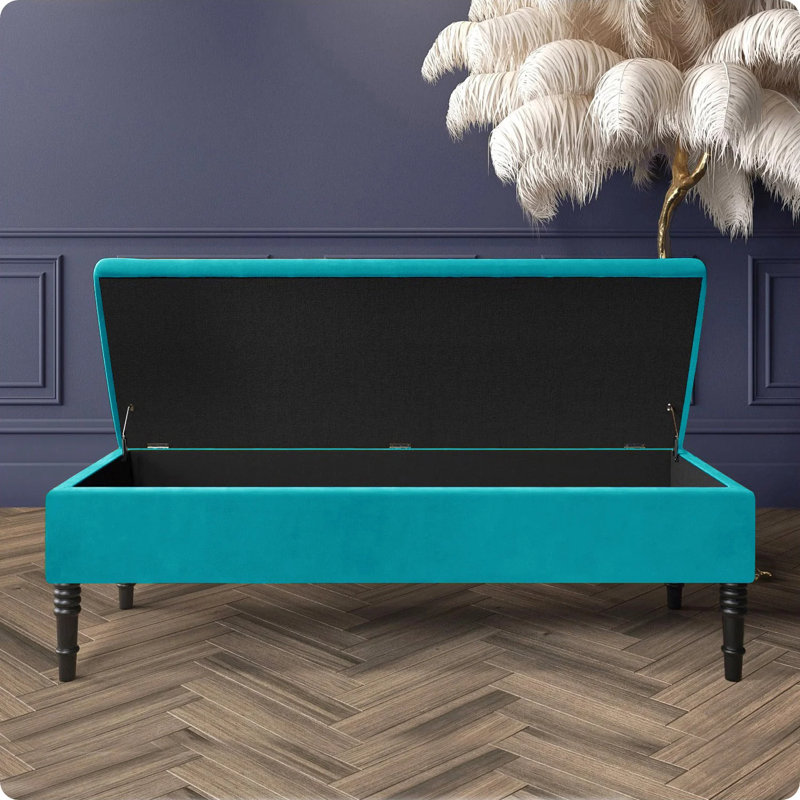 Safar Plain Upholstered Plush Velvet Ottoman Storage Bench with Black Turned Wooden Legs, Teal, 40cm H x 120cm W x 40cm D