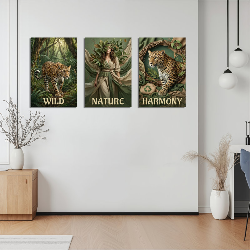 «Wild Leopard Nature Goddess Harmony», reproduction d'art sur toile tendue sur toile, ensemble de 3, H 18 po x l 36 po