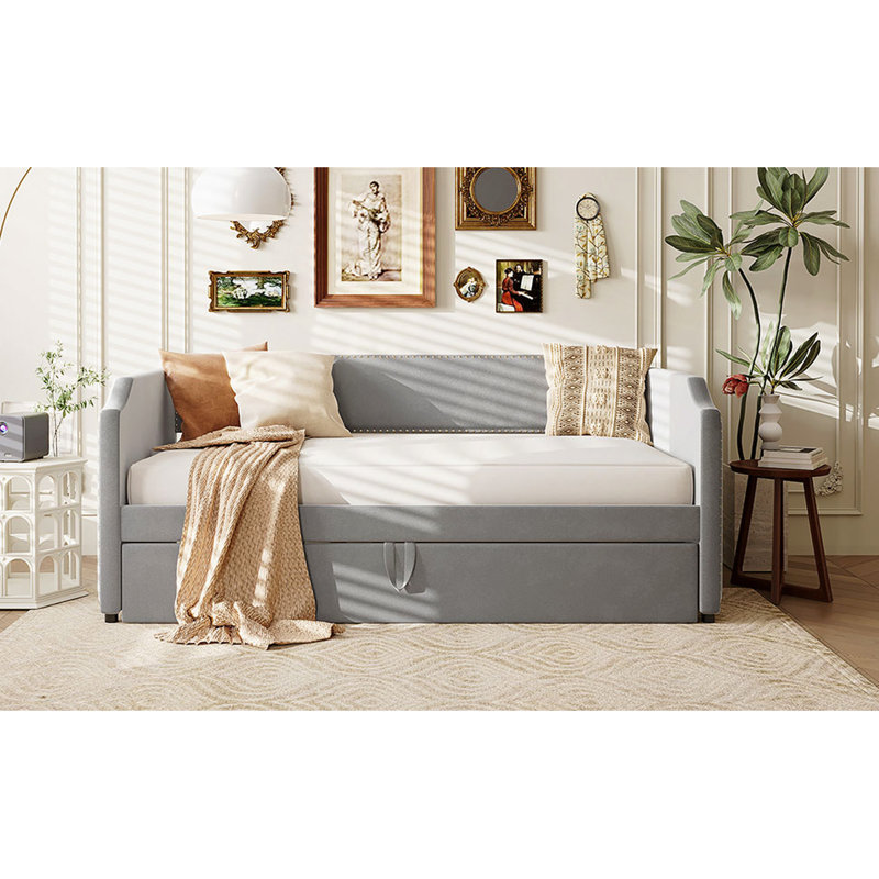 Velvet Upholstered Daybed With Pop Up Trundle, Gray