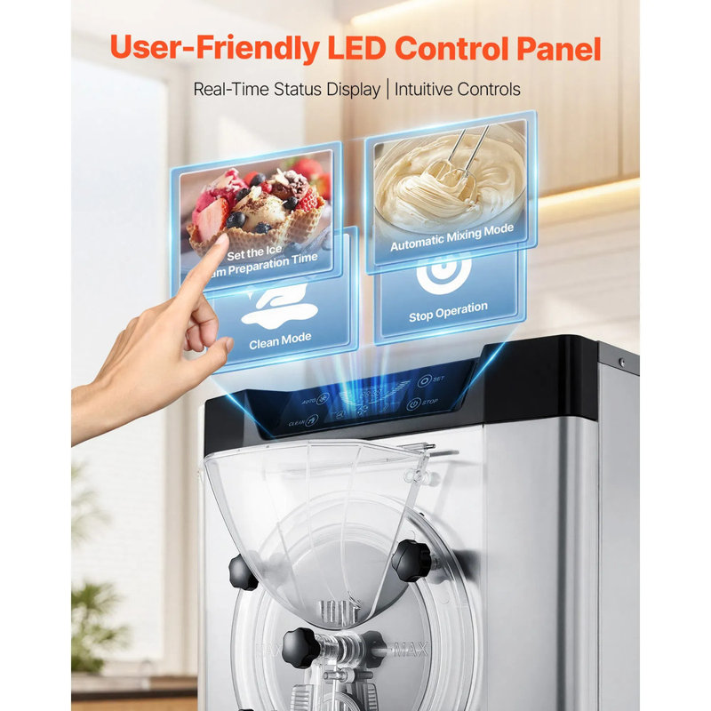 2000w, Commercial Hard Ice Cream Machine, 3.17-5.28 Gal/hour Countertop Gelato Maker, With 6l 304 Stainless Steel Cylinder, Auto Clean & Led Panel, For Snack Bar & Restaurants