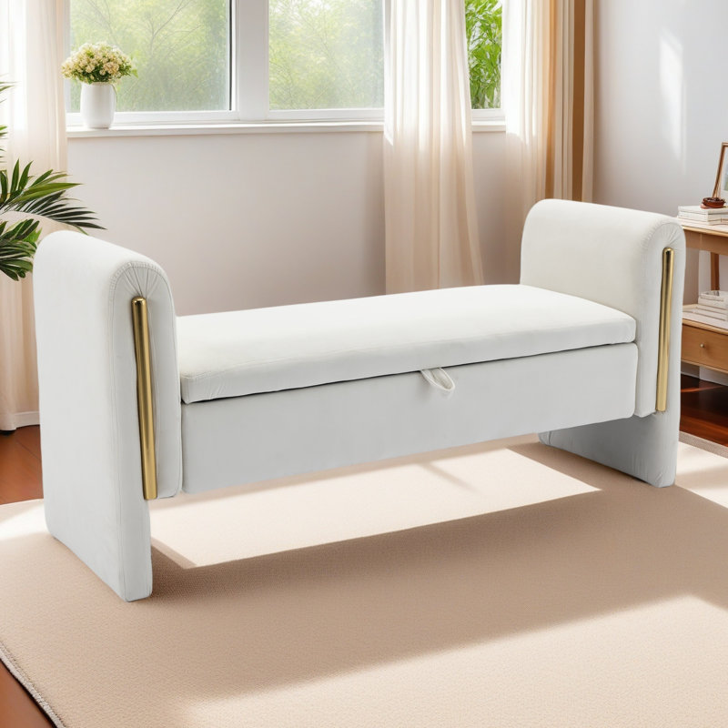 Banc de rangement Banc de chambre avec bordure en métal doré pour salon, Ivoire ivoire