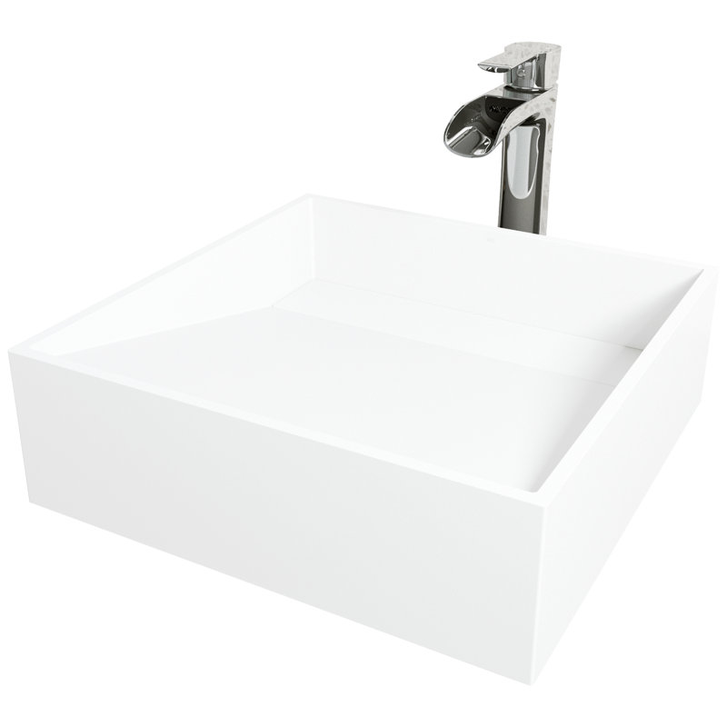 Starr 15" Square White Stone Vessel Sink with Chrome Faucet