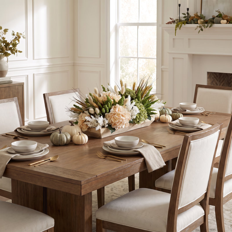 Assorted Hydrangea, Heather, Pampas And Wheat In A Oblong Wooden Container, Brown